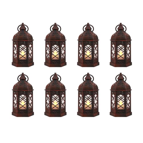 8-Pack Mini Lanterns for Ramadan, Wedding, Festivals, Small Decorative Lanterns with LED Candle for Baby Shower Party, Moroccan Lantern for Table Centerpiece, Medieval Decor, Red Brushed - color: Red Brushed