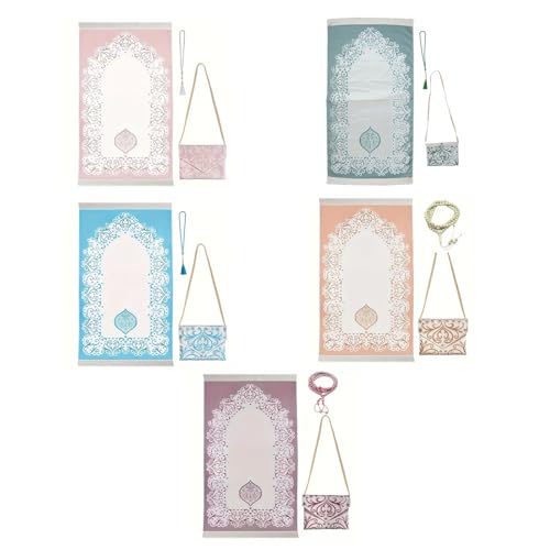 Islamic Prayer Mat with Beads and Compact Bag, Portable Travel Mat for Eid Ramadan Gifts for Women Men