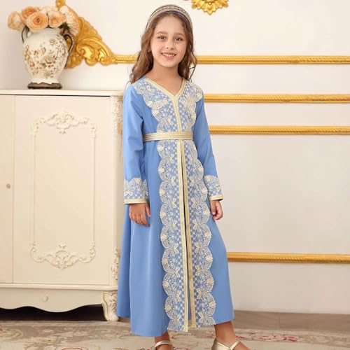 Kids Girls Ramadan Muslim Lace Trim Maxi Dress with Belt Prayer Arabic Kaftan Dubai Islamic Eid Dresses - color: Blue, size: 8-9 Years