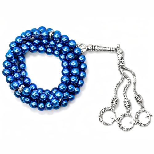 Amazing Gemstone Blue Hematite Tasbeeh with Moon and Star Charm - Certified Crystal Muslim Prayer Beads Natural Gemstone Tasbih Gift for Ramadan Dhikr and Daily Namaz (S) - color: Blue Hematite