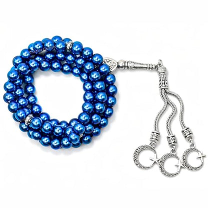 Amazing Gemstone Blue Hematite Tasbeeh with Moon and Star Charm - Certified Crystal Muslim Prayer Beads Natural Gemstone Tasbih Gift for Ramadan Dhikr and Daily Namaz (S) - color: Blue Hematite