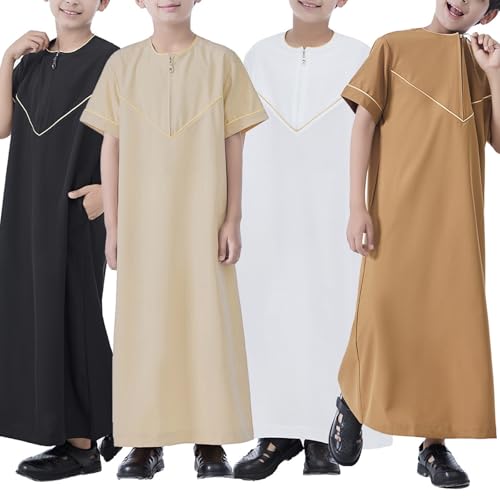 Boys Short Sleeve Muslim Thobes Islamic Kids Half Zipper Eid Traditional Prayer Kaftan Thobes Toddler Abaya Clothes - color: Khaki, size: 5-6 Years