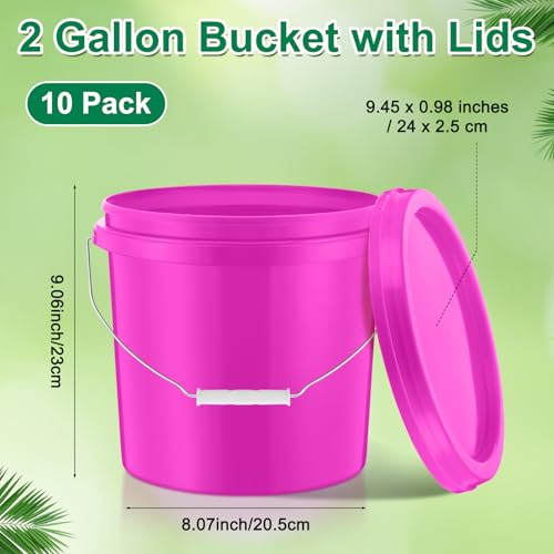 Tioncy 10 Pcs 2 Gallon Plastic Buckets with Lids and Handles,Pink | Storage Pails for Paint, Cleaning, Organizing, Durable Containers, Metal Handles, Plastic Material - color: Pink
