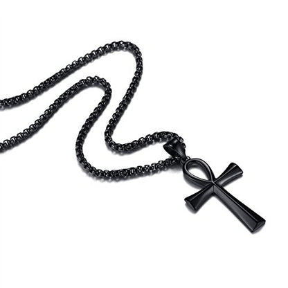 REVEMCN Reve Stainless Steel Coptic Ankh Cross Religious Pendant Necklace for Men Women, 20-24 Inches Chain - style: Black Tone: 20'' Rolo Chain