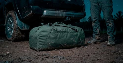 85L Military-Style Duffle Backpack, Rigid Panels | 85L 600D military-style duffle with rigid bottom and side panels for deployment, camping, hunting, road trips, and go-bags - color: Olive Green