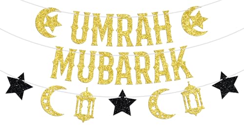 Umrah Mubarak Banner-Eid Mubarak Festival Party Decor, Ramadan Kareem/Happy Eid, Hajj Mubarak Umrah Mubarak Islamic Party Supplies Gold and Black Glitter