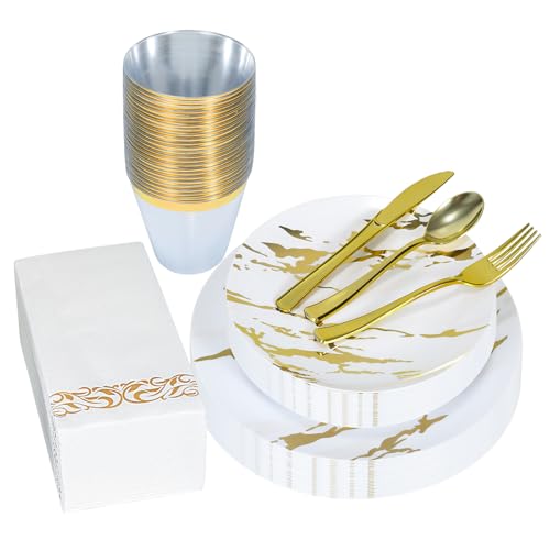 175pcs Gold Plastic Dinnerware Set – Elegant Disposable Plates, Cups, Utensils & Napkins for Wedding, Party, Birthday, Graduation