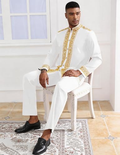 Mens African 2 Piece Set Nigerian Dashiki Metallic Traditional Suit Gold Stamp Printed Shirt and Pants Outfit - color: White, size: Large