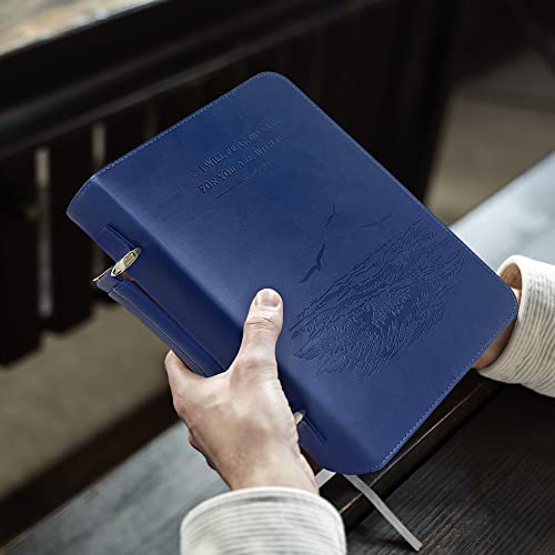 DEHITE Bible Cover Case for Men – Bible Carrying Case for Men – Blue Large Holder – Bag Fits Book10.1 x 7 x 1.9 in – Pen Slots – Zippered Pocket – Premium Faux Leather – Christian Gift - size: Large Blue