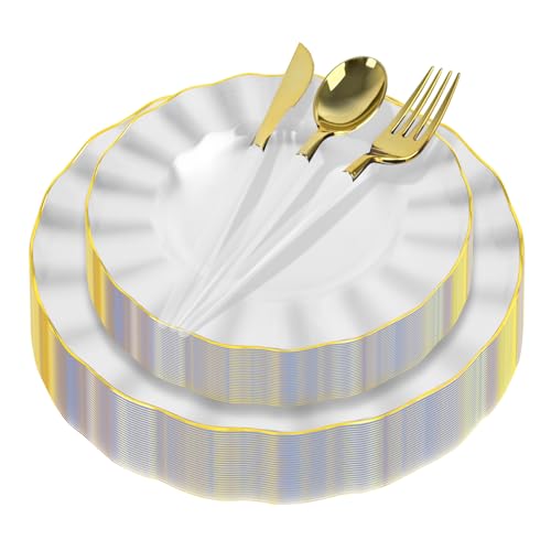 150Pcs Plastic Plates with Gold Rim,Heavy Duty Clear Plates for 30 Guests,Plastic Dinnerware Set Include 30 Dinner Plate,30 Dessert Plate,90 Gold Cutlery Set for Party (Clear) - color: Clear