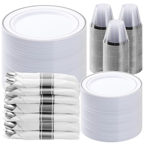 BESTVIP 525PCS Silver Plastic Dinnerware Set for 75 Guests, Disposable Plates for Party, Include: 150 Plastic Plates, 75 Pre Rolled Napkins with Silver Silverware, 75 Cups for Christmas - color: Silver, size: 75 Guests