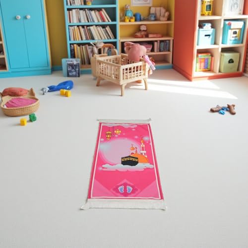 Modefa Turkish Islamic Child Prayer Rug Gift Set - Thin Praying Carpet for Boys and Girls - Muslim Digital Print Kids Prayer Mat Gift Ramadan or Eid with Tesbih Prayer Beads - Pink