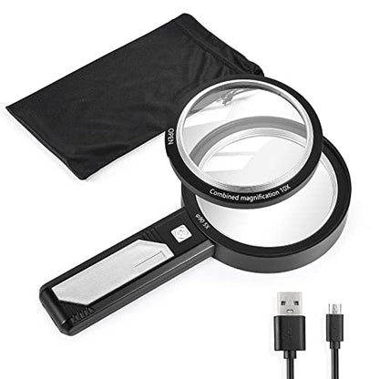Magnifying Glass with Light, USB Rechargeable 5X 10X 15X Handheld Magnifying Glass Double Lens Magnifier 8 Light for Reading Small Prints, Seniors Reading, Books, Map, Coins - style: 5X 10X 15X-3.3in