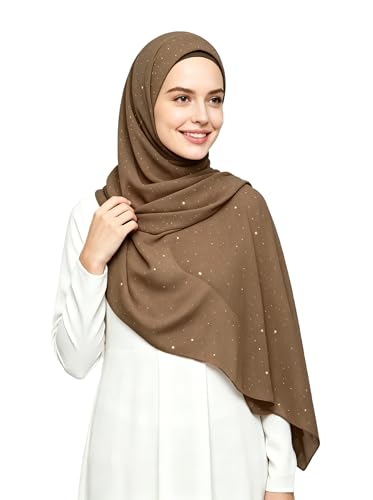 Lina & Lily Sparkle Shimmer Gold Glitter Women's Chiffon Hijab Head Scarf Shawl Wrap Lightweight - color: Mocha Brown