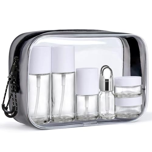 Glass Travel Bottles for Toiletries, TSA Approved, Leak Proof Refillable Travel Size Containers with Pump Spray Dropper Jars for Skincare Lotion Cream or Shampoo - color: Clear Glass Bottle with White Lid