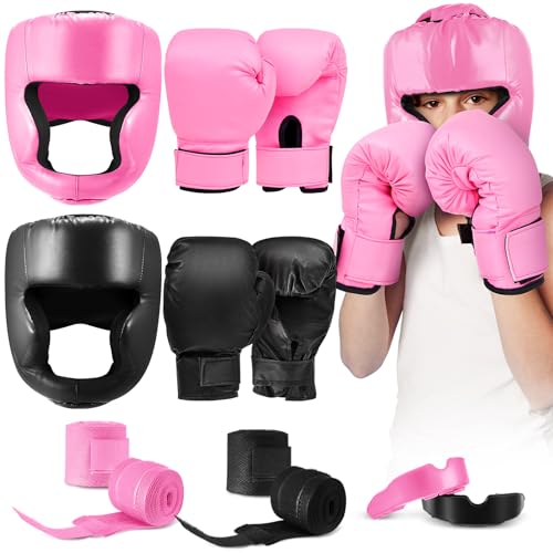 Kanayu 12 Pcs Kids Boxing Equipment Set for Beginners Ages 6-18 Years Including Boxing Helmet and Gloves Hand Wraps Sport Mouthguards Taekwondo Sparring Gear for Kids and Children - color: Black, Pink