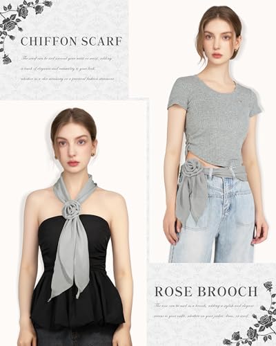 Chiffon Scarf for Women, Removable Flower Neck Scarf Light Soft Fashion Rose Scarves Versatile Headband or Hair Band - color: Light Gray