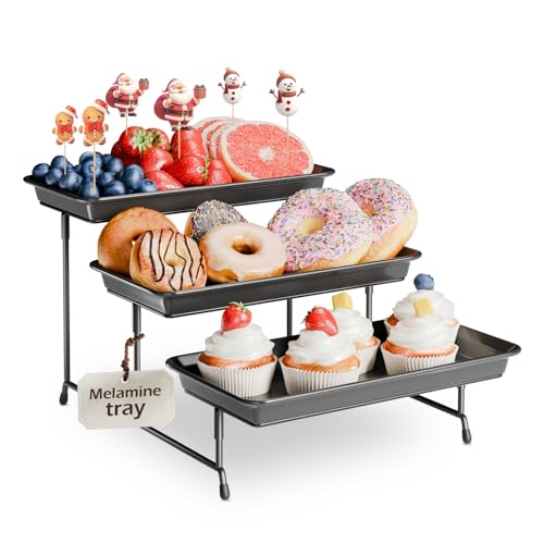 Bumusty 3-Tier Melamine Serving Tray Set, 11.5 x 5.6 in, Black Platters - color: Black Stand, size: 11.8" x 5.7"