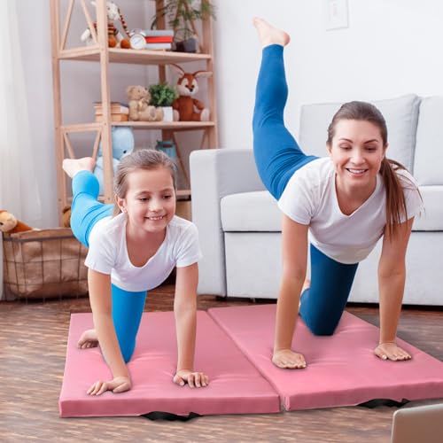 Outroad 6/8/10' Foldable Gymnastics Gym Exercise Aerobics Mat, PU Leather Tumbling Mat with Hook & Loop Fastener for Stretching Yoga Cheerleading Martial Arts - Versatile Fitness Mat for Home Workout - color: Pink 3 folding mat 6' x 2' x 2"