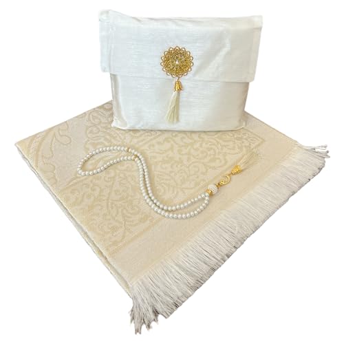 Muslim Prayer Rug and Beads with Elegant Slub Fabric Bag | Janamaz | Sajadah | Soft Islamic Prayer Rug | Islamic & Mawlid Gifts | Prayer Carpet Mat, Taffeta Fabric (White, 1 Sets) - color: White, size: 1 Sets