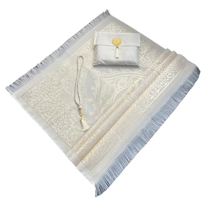 Muslim Prayer Rug and Beads with Elegant Slub Fabric Bag | Janamaz | Sajadah | Soft Islamic Prayer Rug | Islamic & Mawlid Gifts | Prayer Carpet Mat, Taffeta Fabric (White, 8 Sets) - color: White, size: 8 Sets