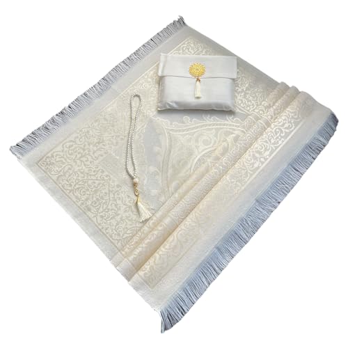 Muslim Prayer Rug and Beads with Elegant Slub Fabric Bag | Janamaz | Sajadah | Soft Islamic Prayer Rug | Islamic & Mawlid Gifts | Prayer Carpet Mat, Taffeta Fabric (White, 1 Sets) - color: White, size: 1 Sets