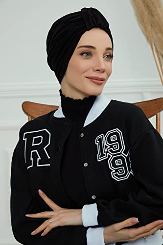 Aisha's Design Instant Turban Plain Cotton Scarf Head Wrap Lightweight Hat Bonnet Cap for Women - color: Black