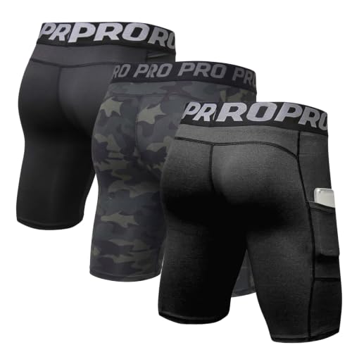 LANBAOSI Mens Compression Shorts with Phone Pocket Running Gym Yoga Athletic Tights Baselayer Summer Cool Dry Underwear Pack - color: Black+camo Green+dark Grey, size: Medium