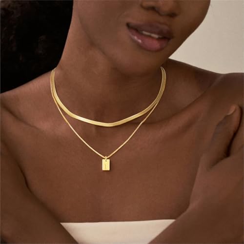 14K Gold Plated Layered Initial Necklace for Women with Herringbone Chain | Herringbone Choker & Letter Pendant, Waterproof Non-Tarnish Adjustable Snake Chain, 2Pcs Minimalist Stacking Jewelry Gift - color: I