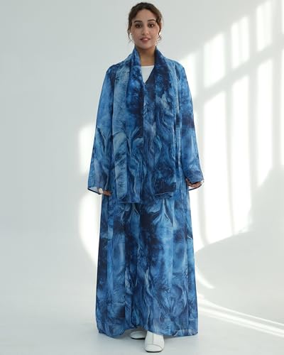 Modest Cardigan Set Women Muslim Dress with Soft Hijab Scarf Islamic Outfits Open Abaya For Eid, Ramadan, Umrah, Hajj - color: Blue, size: XL(58)