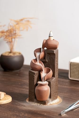 Unique Cascading Basins Ceramic Waterfall Incense Holder, Paired with a Pack of Backflow Incense Cones. (Primary) - color: Primary