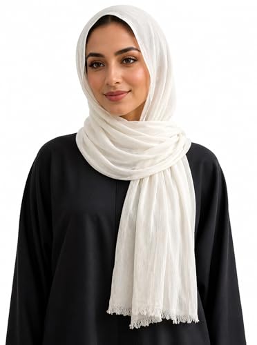 Cotton Linen Plain Hijab Scarf For Women,Muslim Viscose Crinkle Edge With Fringe,Summer Beach Wrap Headwraps Shawl - color: 29#white