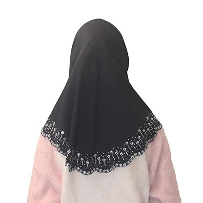 Girls Hijab with Rhinestones – Sparkly Non-Slip Amira Scarf for Kids, for Daily Prayer, School, Ramadan & Eid (Ages 4-12) - color: Black-wavy Edge