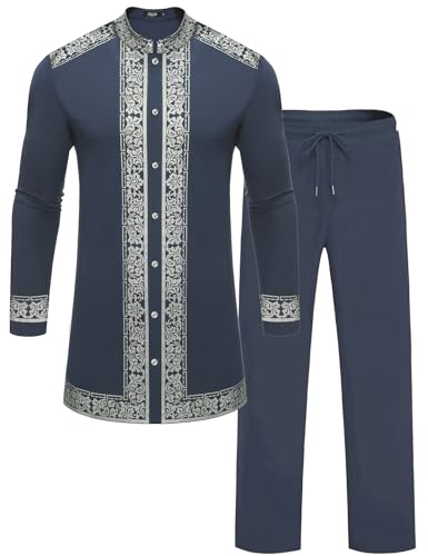 Mens African 2 Piece Set Nigerian Dashiki Metallic Traditional Suit Gold Stamp Printed Shirt and Pants Outfit - color: Grayish Blue, size: Small