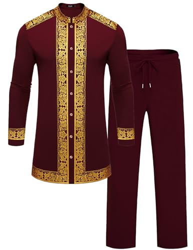 Mens African 2 Piece Set Nigerian Dashiki Metallic Traditional Suit Gold Stamp Printed Shirt and Pants Outfit - color: Wine Red, size: X-Large