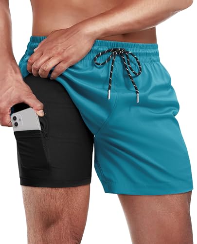 Gleeease 5 Inch Mens Swim Trunks with Compression Liner Men's Bathing Suit | Mens Swim Shorts 4 Pockets Quick Dry 2 in 1 Water Resistant Solid Stretch Breathable Surfing Beach Elastic Waistband Swimsuit - color: Bluish Green, size: X-Large