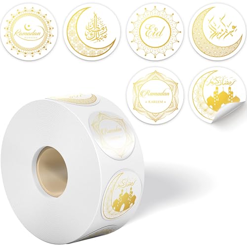 500피스 라마단 이드 알피트르 라운드 스티커 롤, 2.5cm(1인치) 문 스타 모스크 돔 패턴 이슬람 무바라크 장식, 무슬림 축하 선물 포장 씰 라벨 골든 - color: 골든