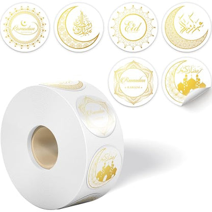 500pcs Ramadan Eid al-Fitr Round Stickers Roll, 1-inch Moon Star Mosque Dome Pattern Islamic Mubarak Decorations, Muslim Celebration Gift Wrap Seal Labels Golden - color: Golden