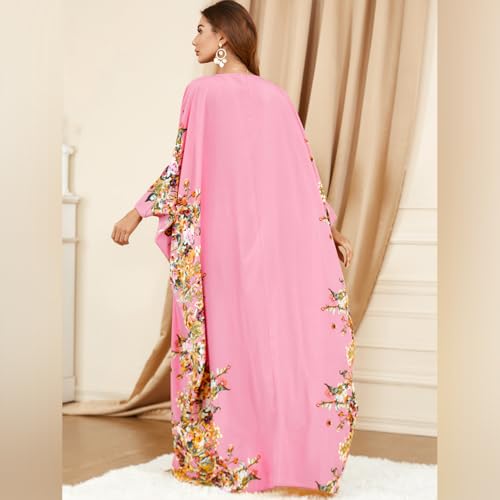 ODIZLI Ramadan Abaya for Women Muslim Batwing Sleeve Floral Print Prayer Dress Dubai Turkey Kaftan - color: Pink