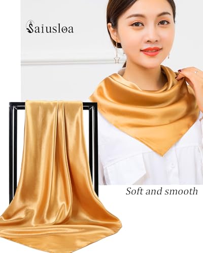 Saiusloa Solid Color Neck Scarf For Women Square Satin Head Scarves headband Bandanas 23.6× 23.6 inches - color: 9-orange