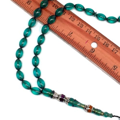 EXCLUSIVE COLLECTION -Handmade Silver Engraved Bakelite Tesbih, Tasbih, Islamic Rosary, Islamic Prayer Beads, Misbaha (7x10mm 33 Teal Green Beads) - color: 7x10mm 33 Teal Green Beads