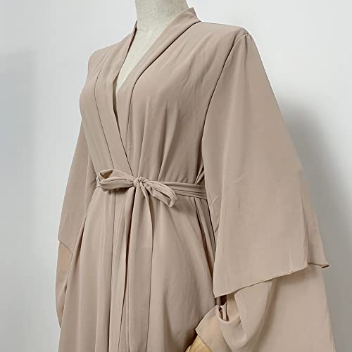 Abayas for Women Muslim Dubai Dress Solid Loose Fit Long Cardigan Islamic Kaftan Robe Open Front Maxi Length - color: Khaki, size: X-Large
