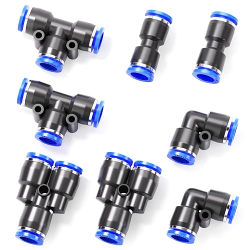 TAILONZ PNEUMATIC 5/16 inch or 8mm od Push to Connect Fittings Pneumatic Fittings Kit 2 Spliters+2 Elbows+2 tee+2 Straight (8 pcs) - color: Blue, size: 8MM OD//8PCS