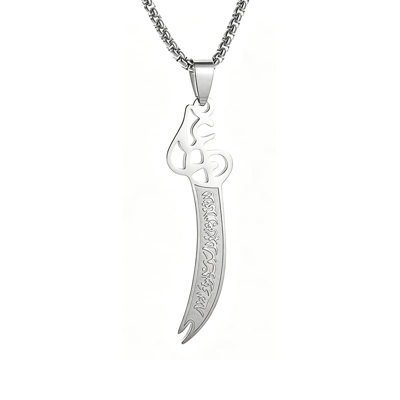 MALOYANVE Zulfiqar Sword Necklace for Men Women Imam Ali Dhul-Fiqar Sword Pendant Stainless Steel Islamic Muslim Arabic Calligraphy Necklace Talisman Amulet Religious Jewelry Gift - color: Silver