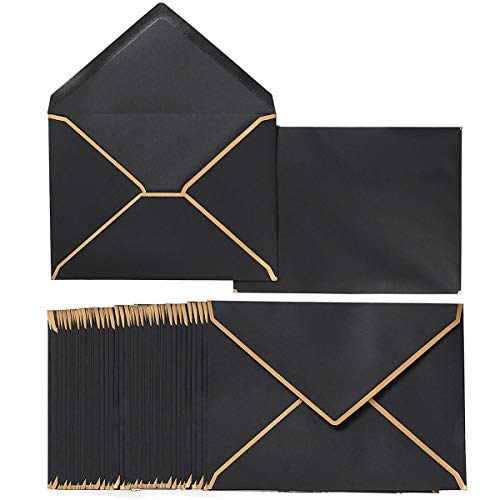 50 Pack A7 Envelopes Black 5 x 7 with Gold Border | Self-Adhesive, V Flap, For Wedding, Graduation, Baby Shower, Parties, Invitations - color: Black, size: A7 (5.32x7.28)