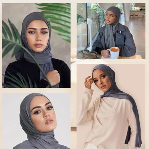 Muslin Hijab Scarf for Women Long Headscarves Solid Head Wraps Soft Pashminas Shawls - color: Dark Gray Muslim Hijab Scarf