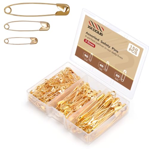 XKDOUS 150 Pack Safety Pins for Clothes 3 Universal Assorted Sizes, Gold - color: Gold, size: Assorted Sizes - Small & Large (150 Pcs)