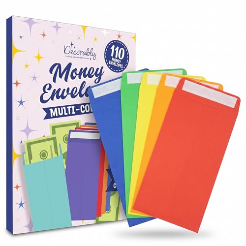 Decorably 110 Pack Colorful Money Envelopes for Cash, 6.5 x 3.5in with Self-Adhesive, 100GSM thick, Coins, Tip, Gift, Trinkets, Small Items, Banking, Business, Jewelry - color: Multicolor