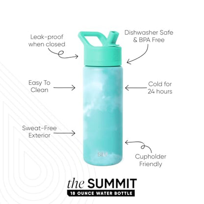 Simple Modern Insulated Water Bottle with Straw | 18oz | Tie Dye | Summit Stainless Steel Water Bottles, Metal Cup | Leak Proof for School, Gym, Travel, Sports | Ocean Tide - color: Pattern: Ocean Tide, style: 18oz