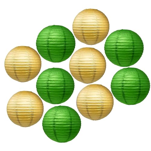 Mudra Crafts Green and Gold Paper Lanterns Wedding Party Decorations - 12 in 10 Round Hanging Ceiling Lanterns, 10 Pack, Decorative Lamp Shades - color: Green and Gold, size: 12 Inches